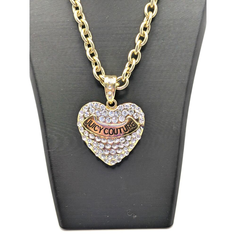 JUICY COUTURE Gold Tone Rhinestone Heart Charm Pendant Necklace Y2K 16in READ